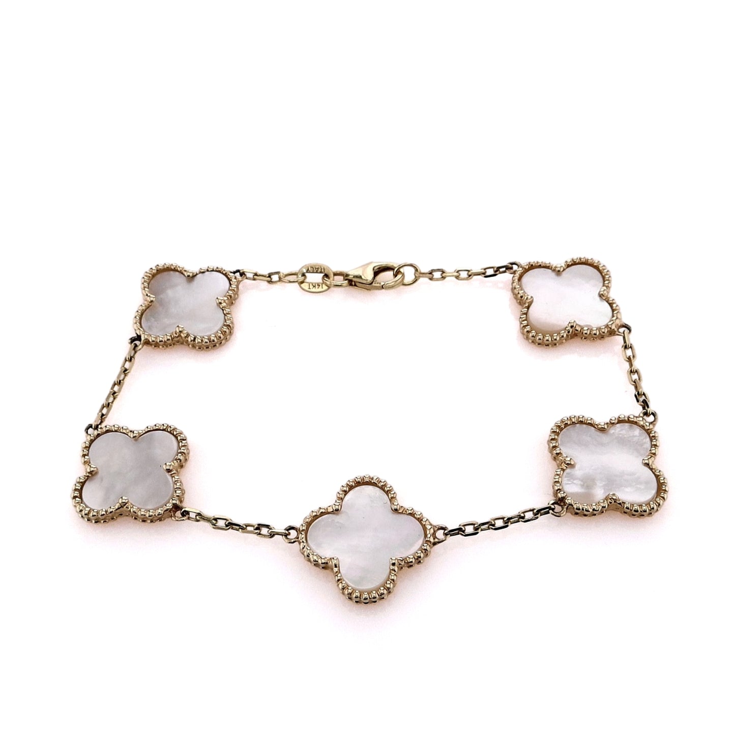 14k Yellow Gold 7.5" Mother of Pearl Clover Design Station Bracelet