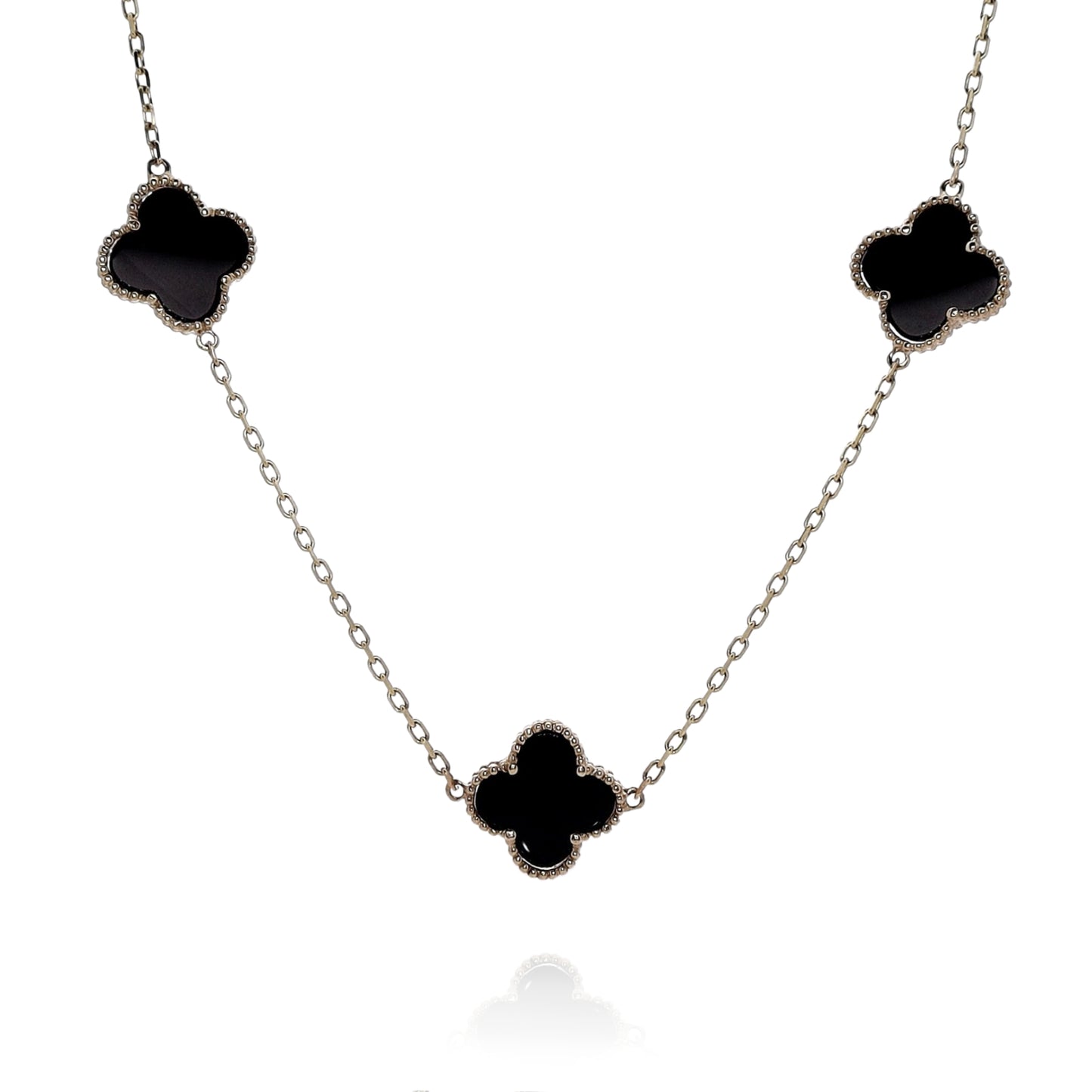 14k Yellow Gold 18" Black Onyx Clover Design Station Necklace