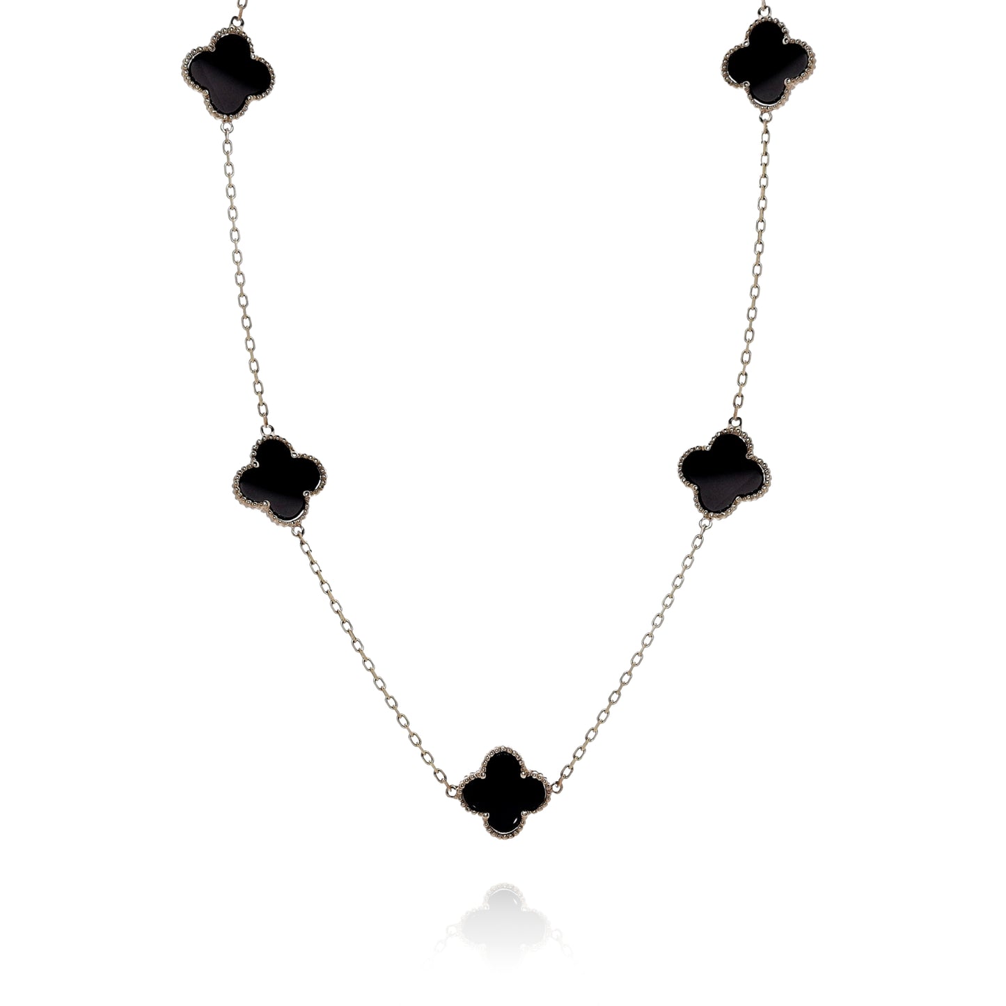 14k Yellow Gold 24" Black Onyx Clover Design Station Necklace