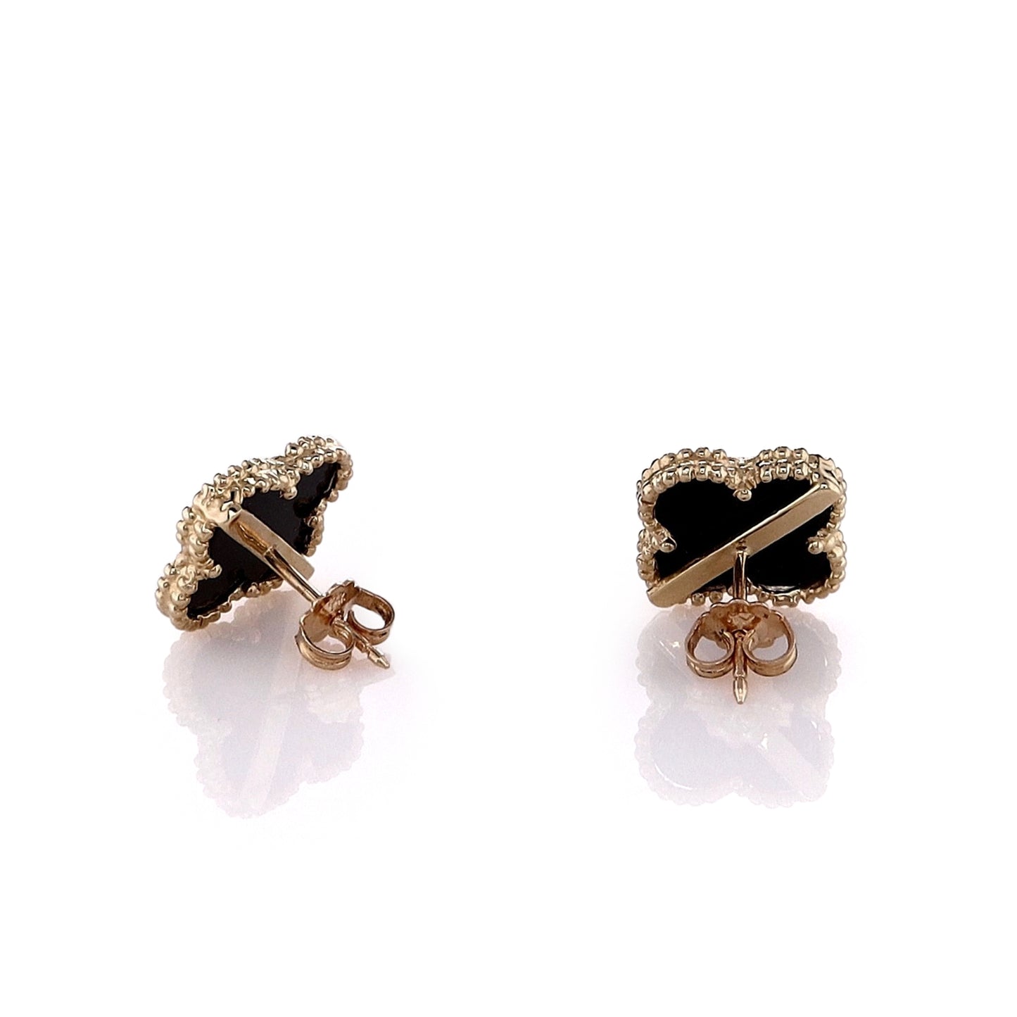 14k Yellow Gold Beaded Edge Black Onyx Clover Stud Earrings