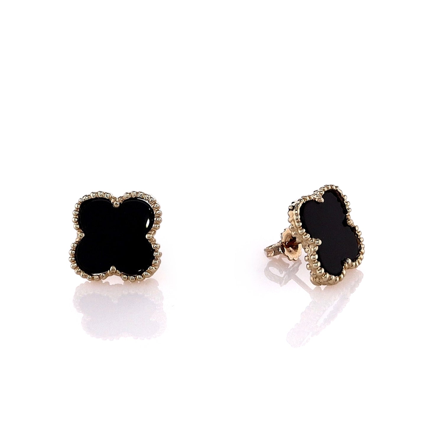 14k Yellow Gold Beaded Edge Black Onyx Clover Stud Earrings