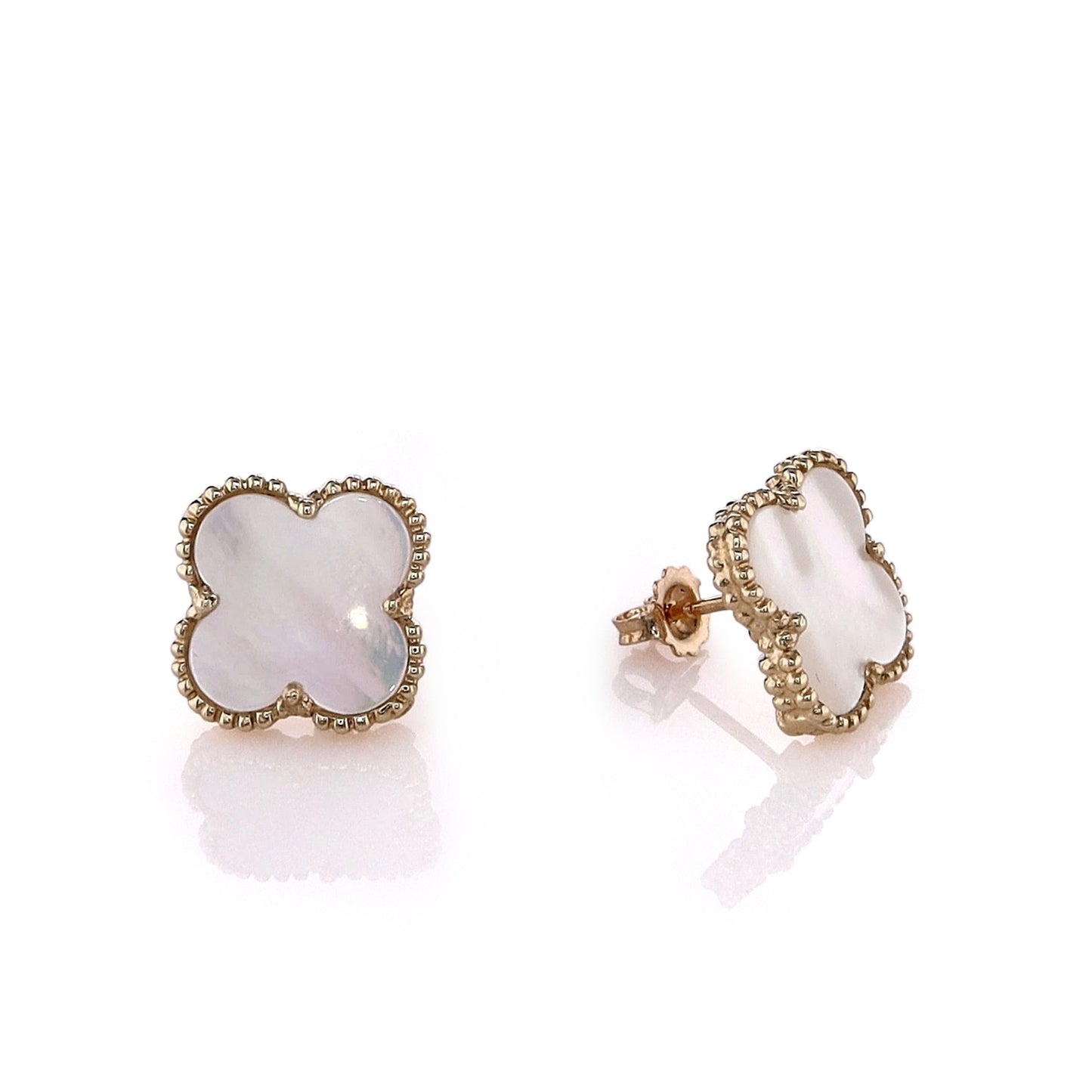 14k Yellow Gold Beaded Edge Mother of Pearl Clover Stud Earrings