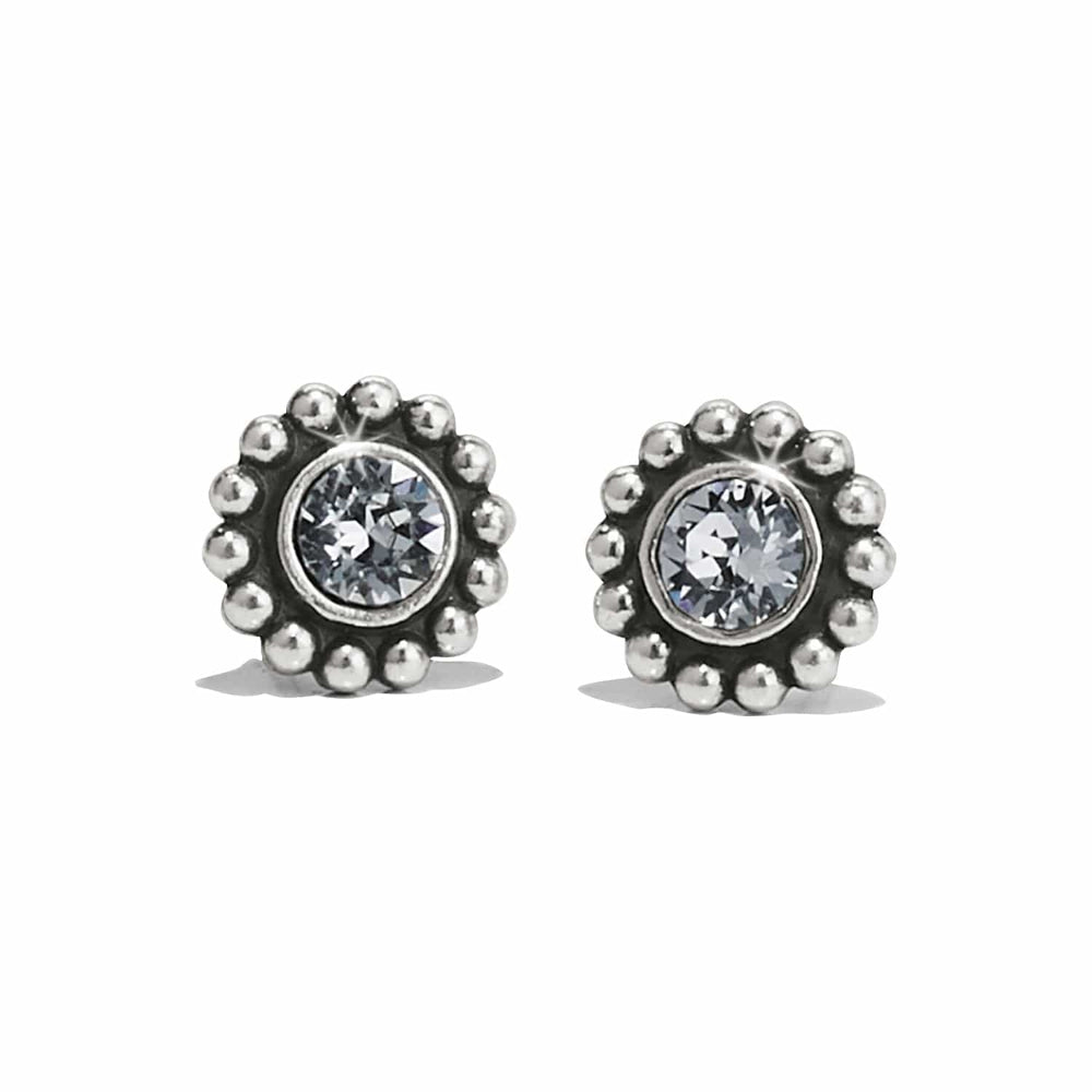 Pair of silver stud earrings with clear gemstones on a white background