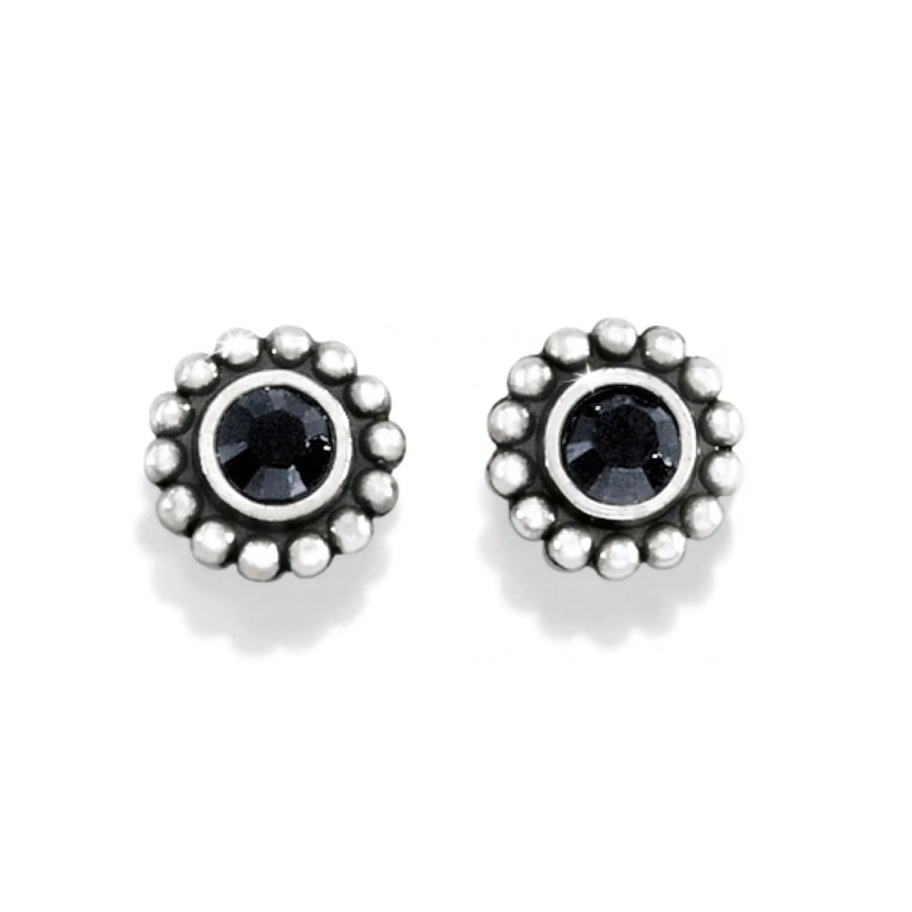 Pair of silver earrings with black gemstones on a white background
