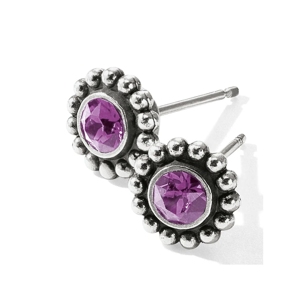 silver stud earring with purple gemstone