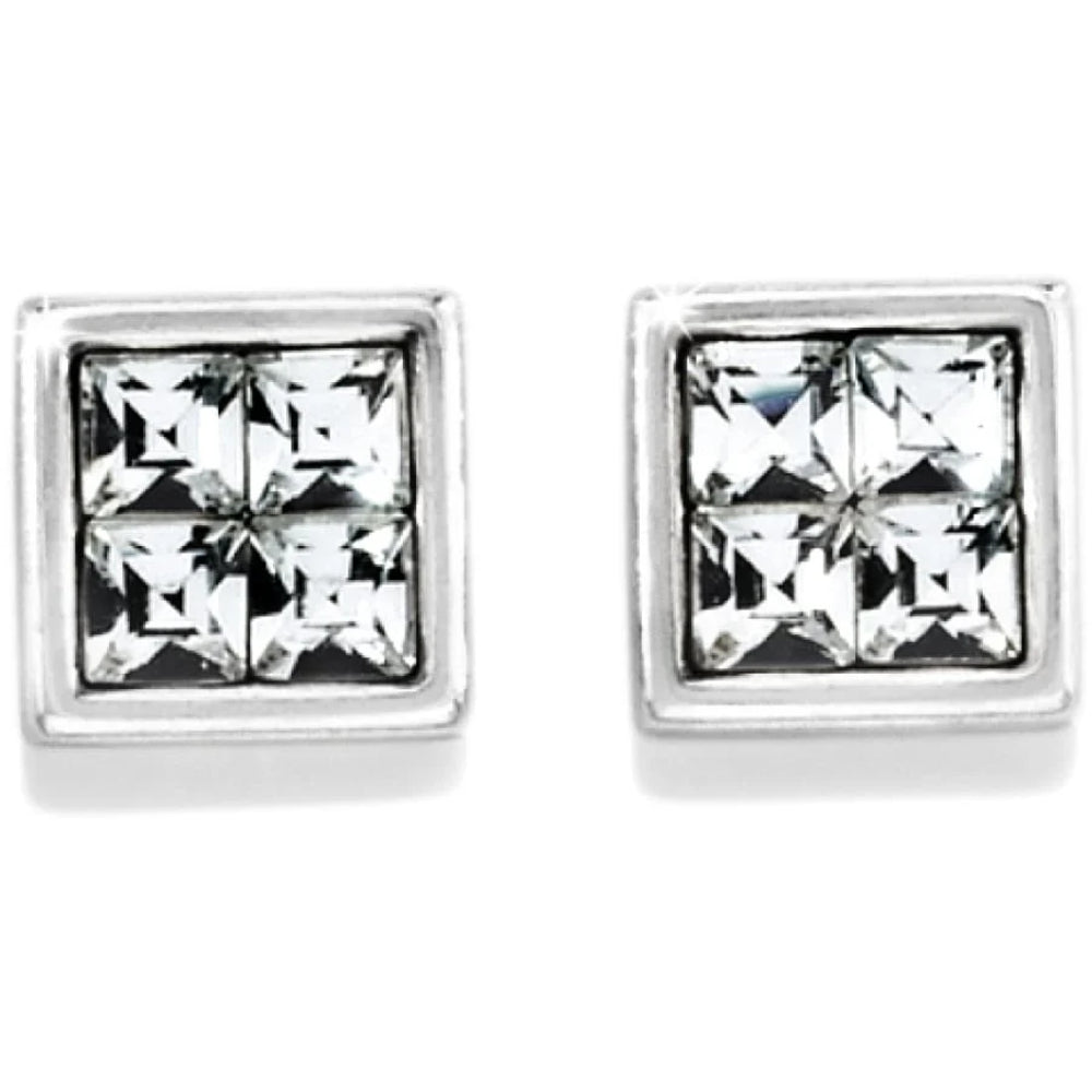 Pair of square-cut crystal stud earrings on a white background
