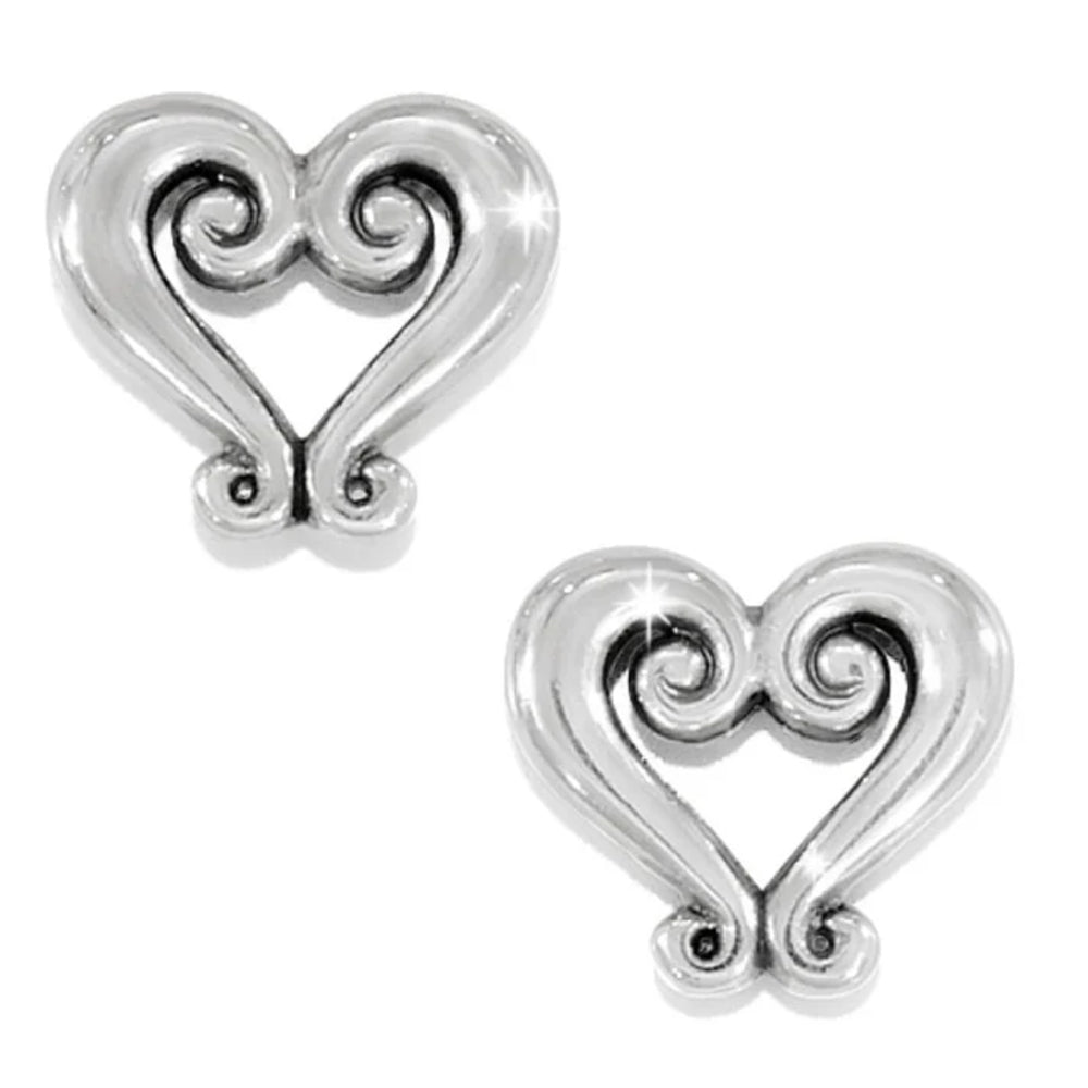 Pair of silver heart-shaped earrings with swirling designs on a white background