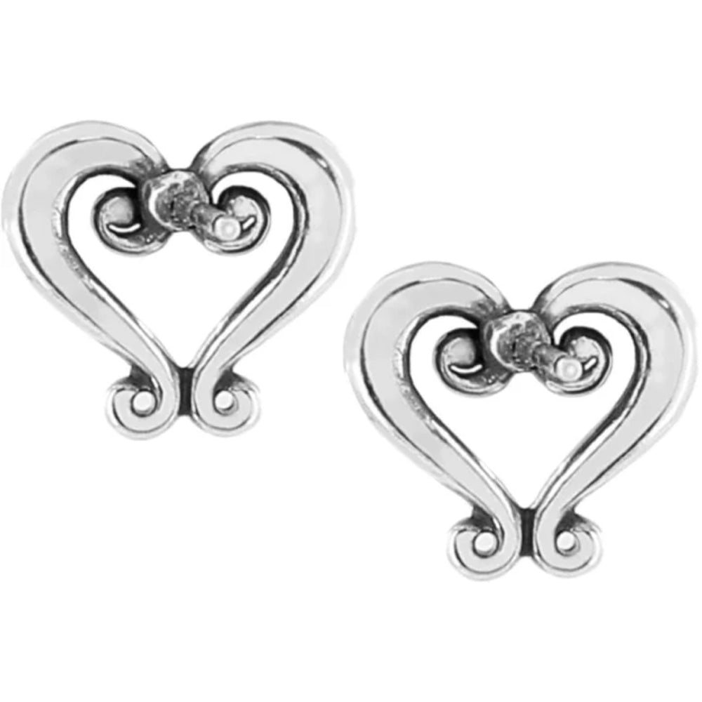 Pair of silver heart-shaped earrings on a white background