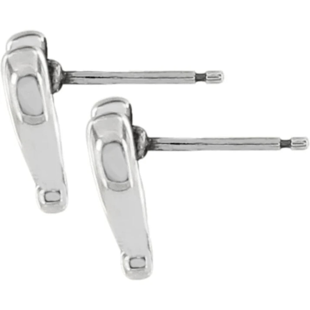 Pair of silver stud earrings on a white background