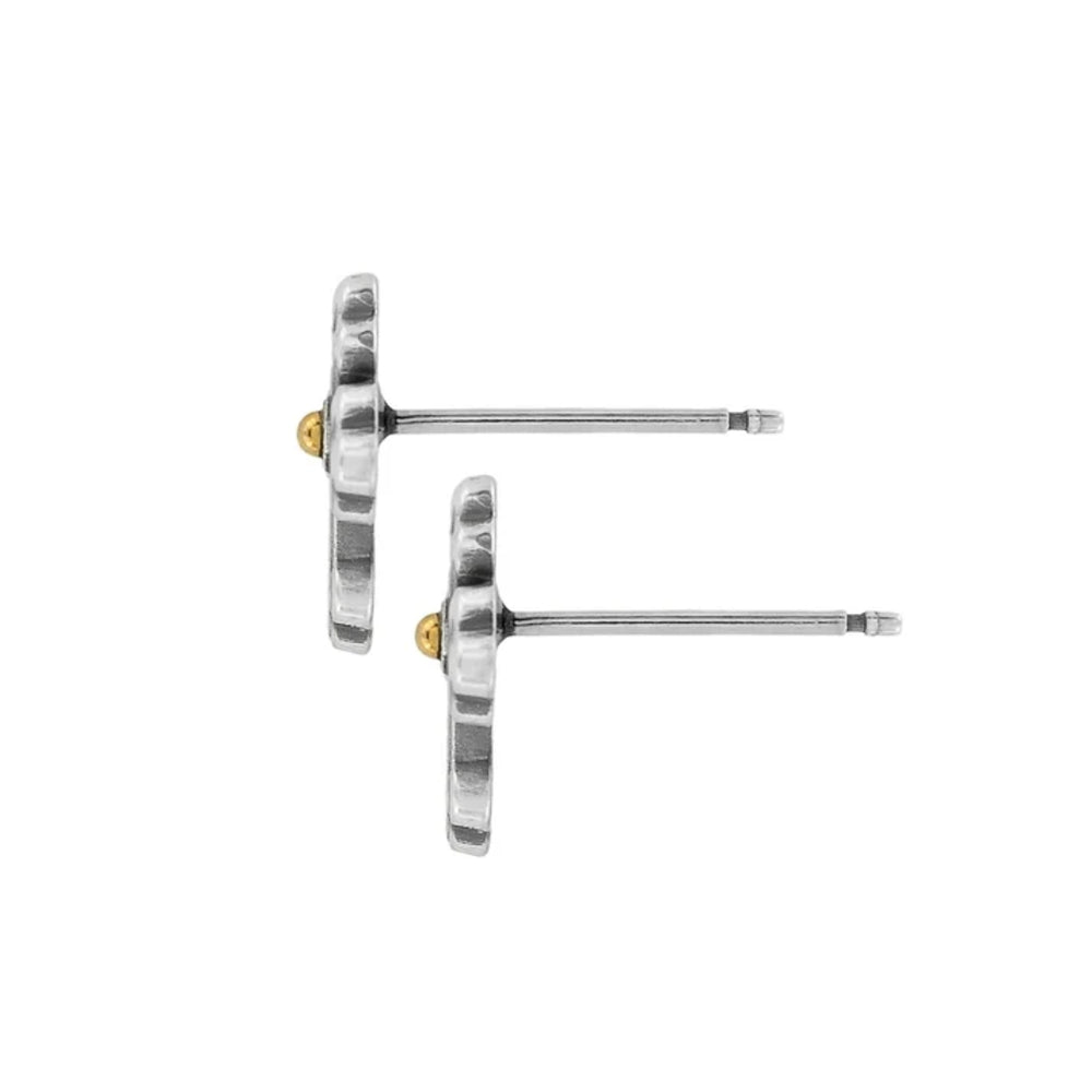 A pair of silver-toned stud earrings with a textured circular face and a small gold-toned accent at the post, shown on a plain white background.