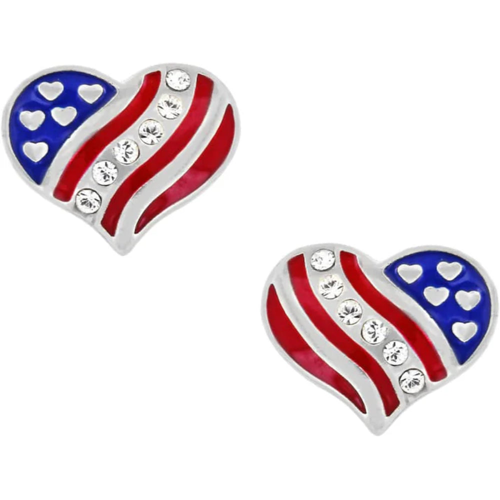 Heart-shaped American flag earrings with clear gemstones on a white background