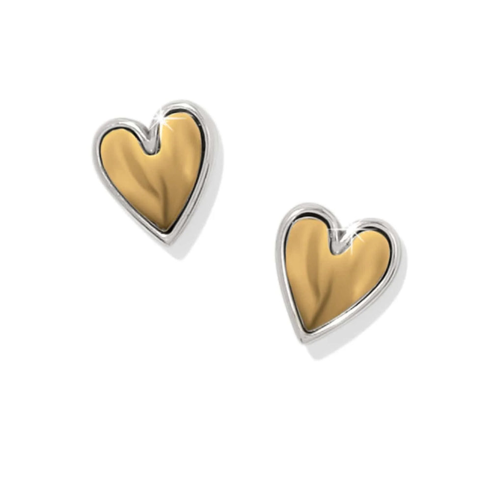 Heart-shaped earrings with gold center and silver outline on a white background