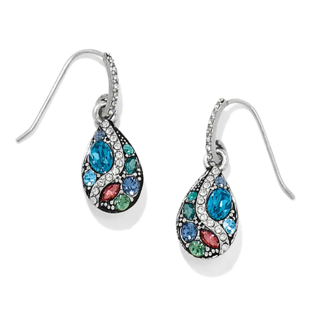 Teardrop-shaped earrings with multicolored gemstones on a white background