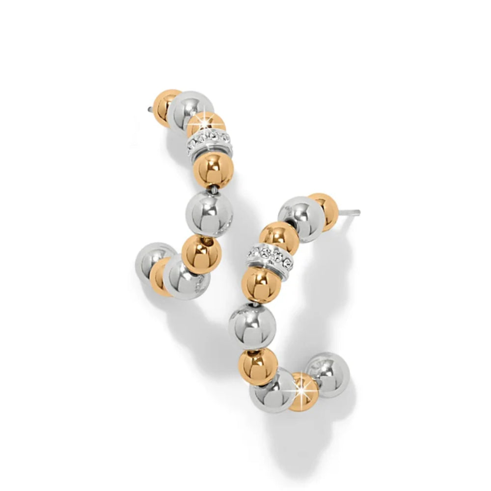 Pair of hoop earrings with silver and gold beads on a white background