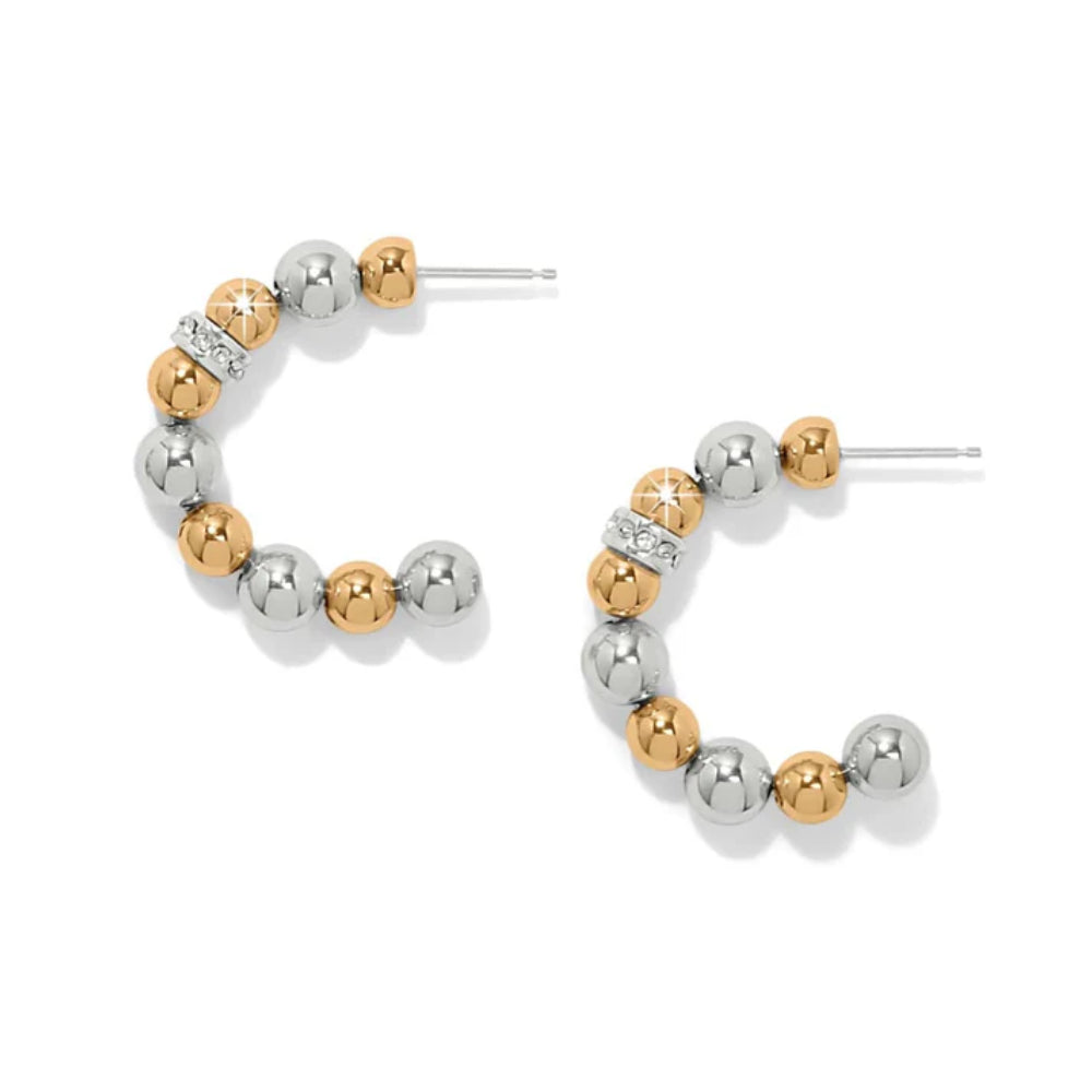 Pair of hoop earrings with silver and gold beads on a white background