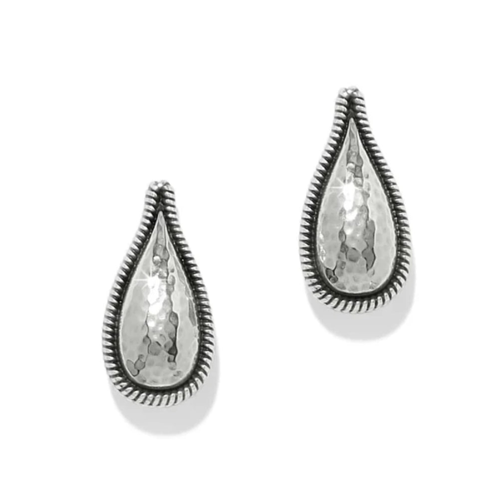 Pair of silver teardrop earrings on a white background