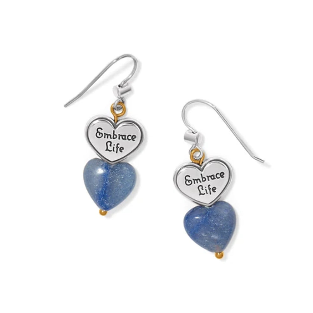 A pair of silver dangle earrings with heart charms engraved with 'Embrace Life' and blue speckled stone heart drops, shown on a plain white background.