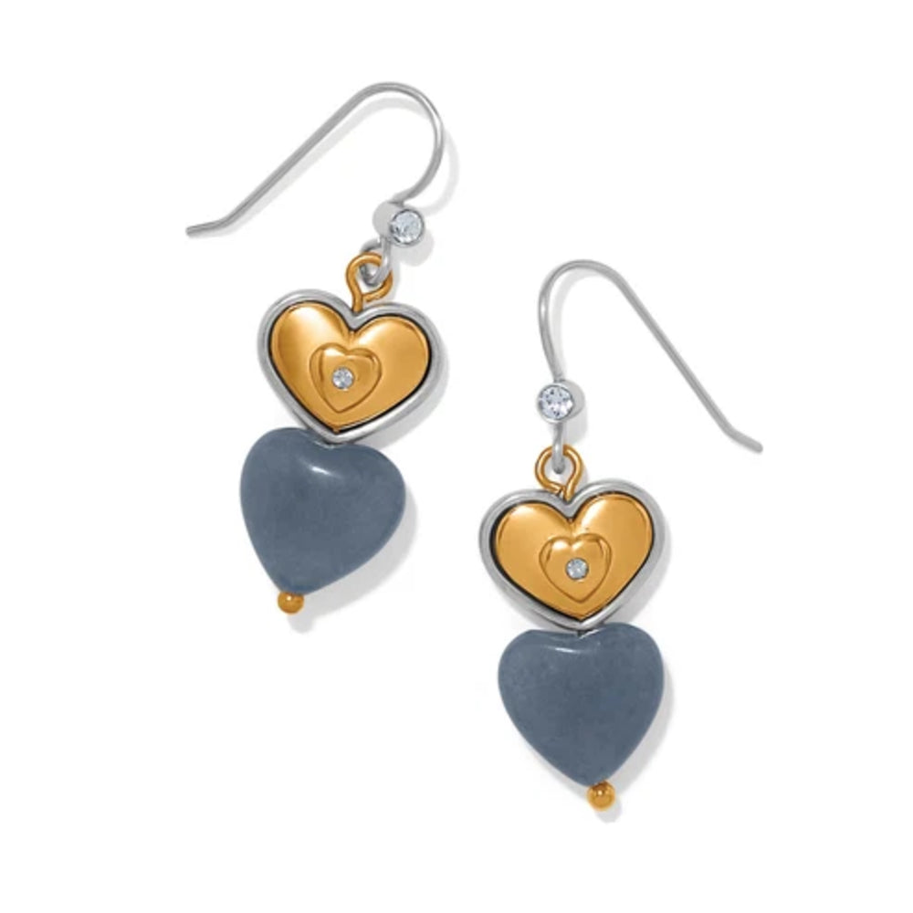 Heart-shaped earrings with gold and silver accents on a white background