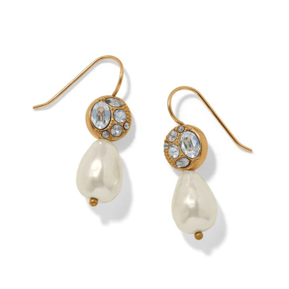 A pair of gold drop earrings featuring a round bezel-set cluster of clear crystals and a large white pearl dangle below, shown on a clean white background.