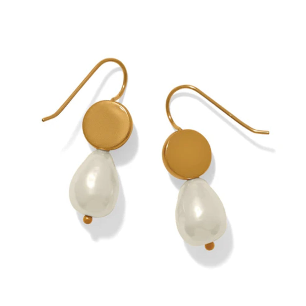 A pair of gold and white drop earrings featuring a round gold disc, a teardrop-shaped white pearl, and a small gold bead at the bottom, shown on a white background with soft shadows.