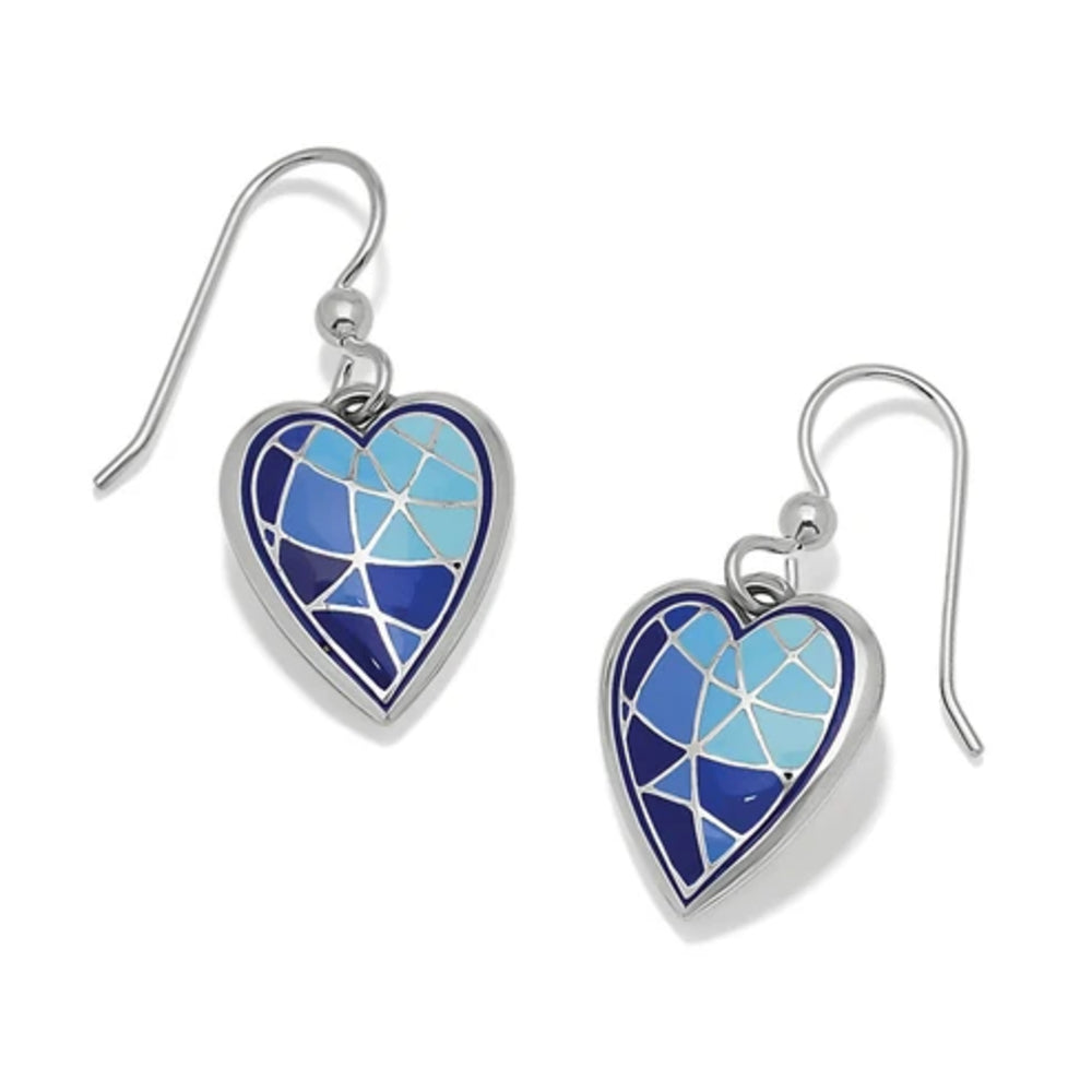 Heart-shaped earrings with blue and silver design on a white background
