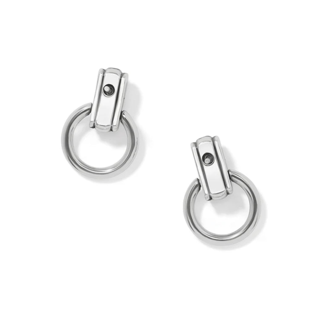 A pair of silver-toned drop earrings with a minimalist rectangular post and a circular ring, shown on a clean white background.
