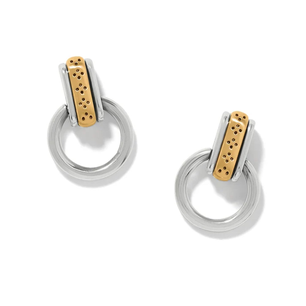 Pair of hoop earrings with gold and silver accents on a white background