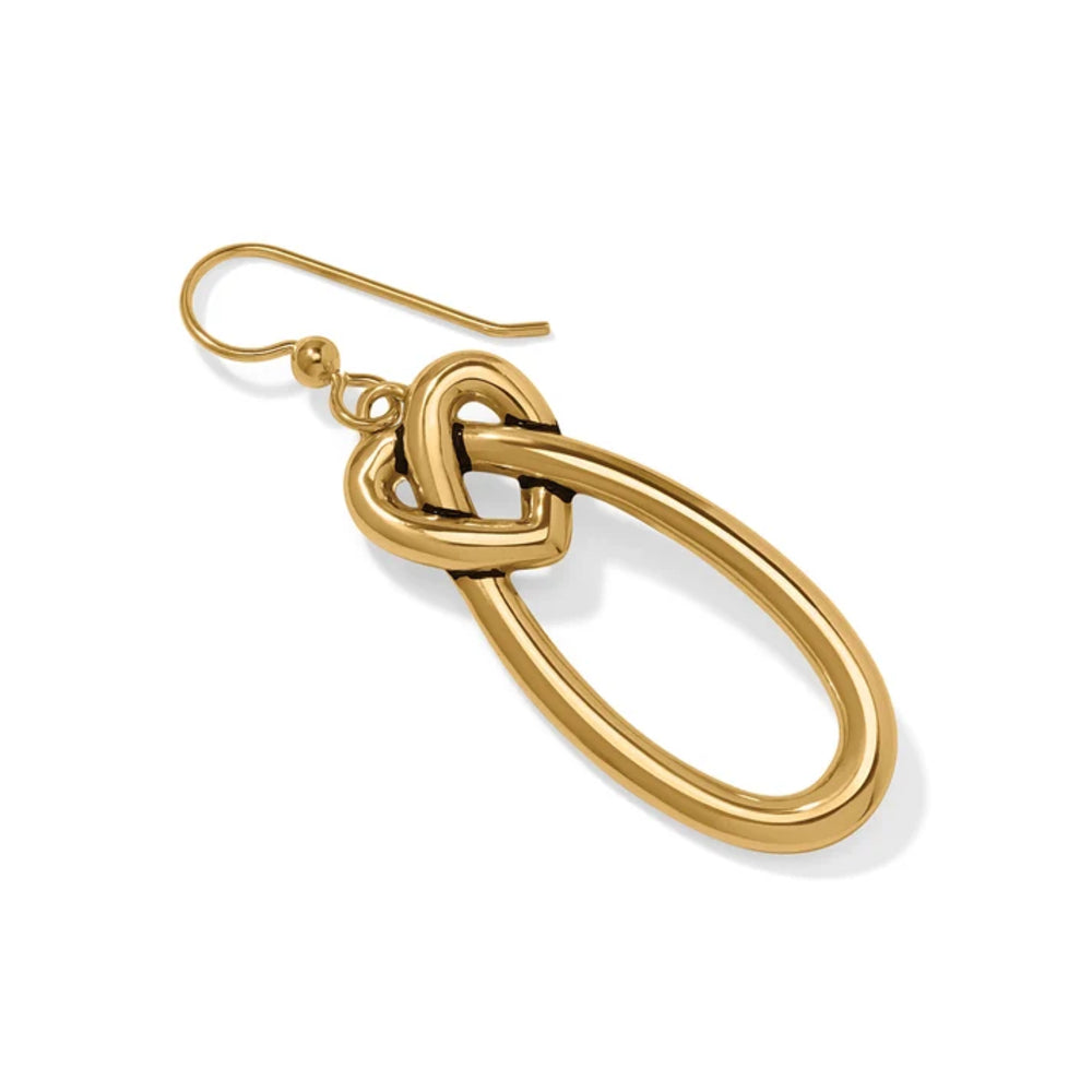 A single gold dangle earring featuring a heart-shaped knot design with a large oval drop, shown on a clean white background.