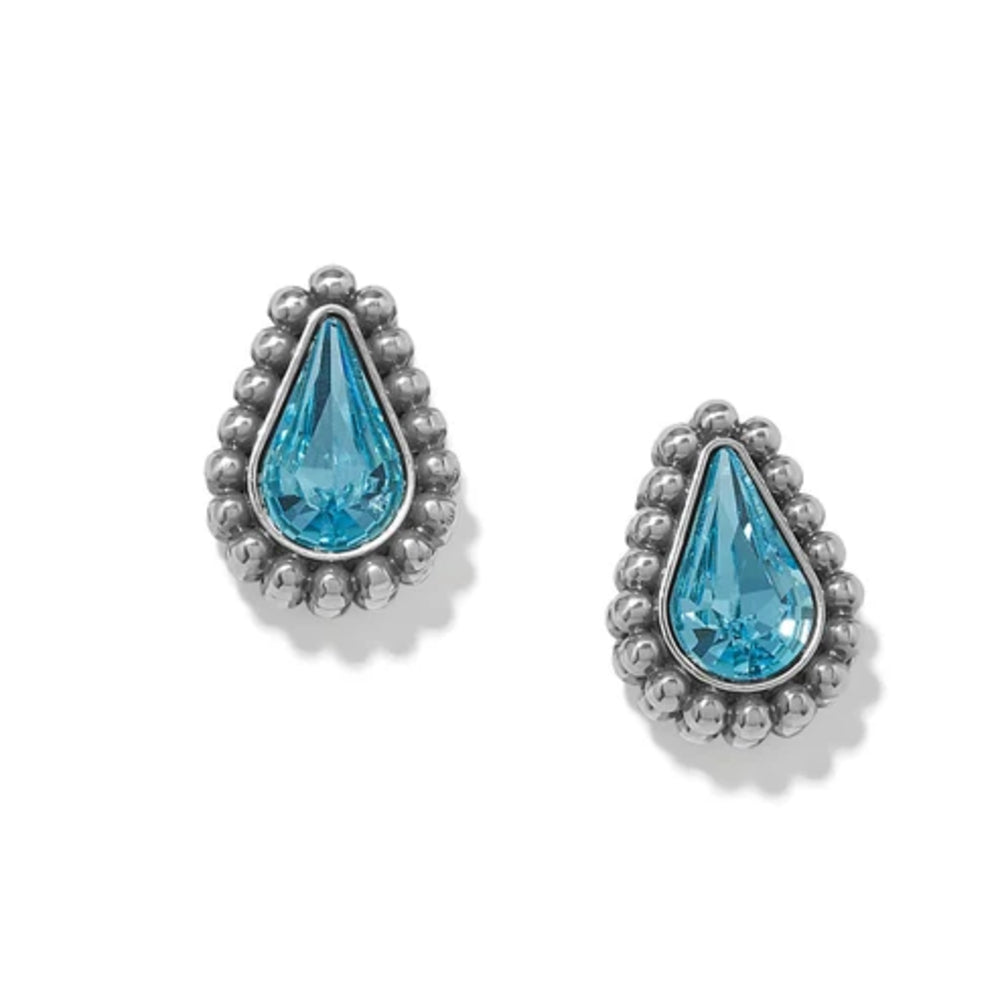 Teardrop-shaped earrings with blue gemstones and silver detailing on a white background