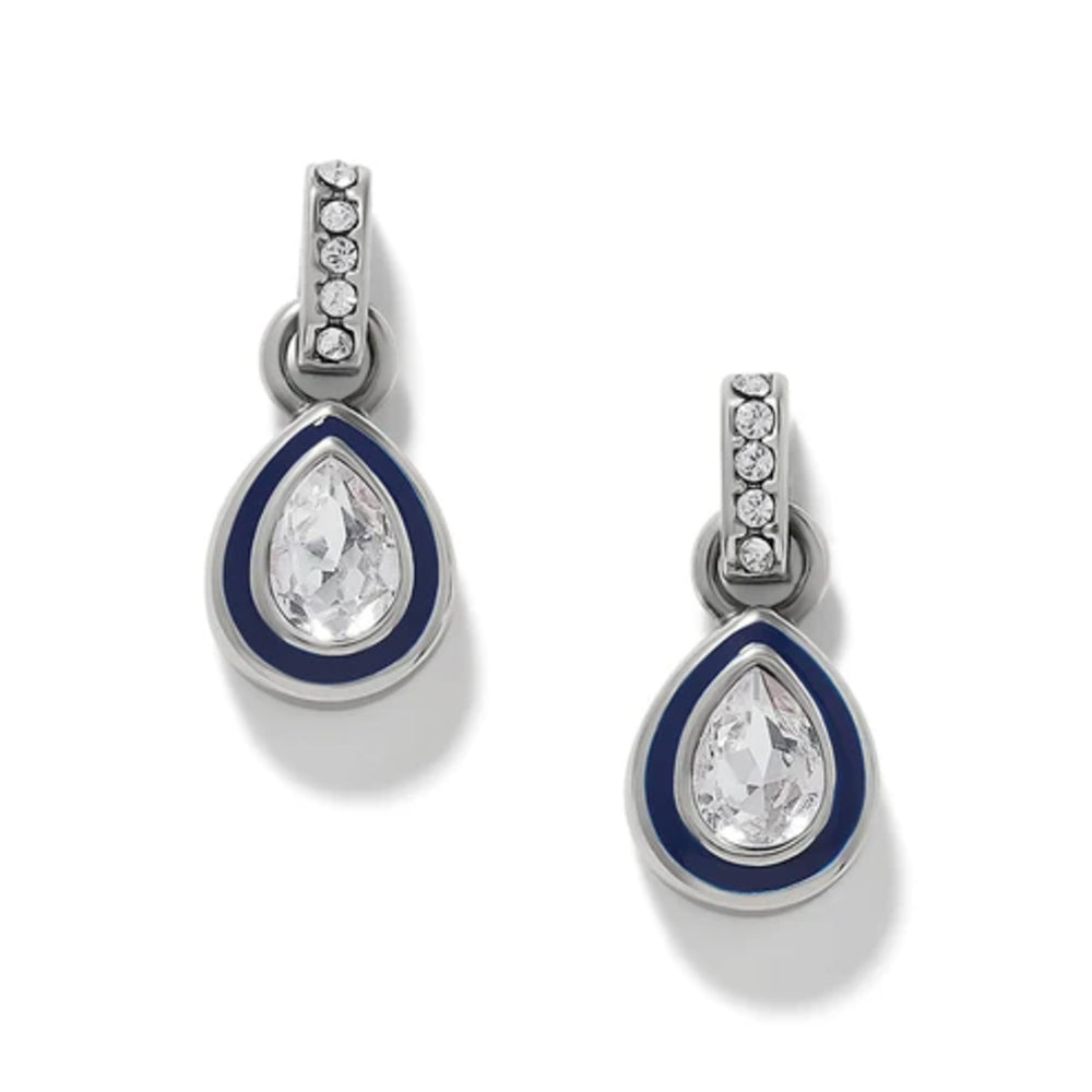 Teardrop-shaped earrings with blue accents and clear gemstones on a white background