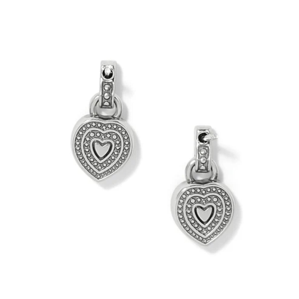 A pair of silver heart-shaped dangle earrings with a layered heart design and small clear rhinestone accents, shown on a clean white background.