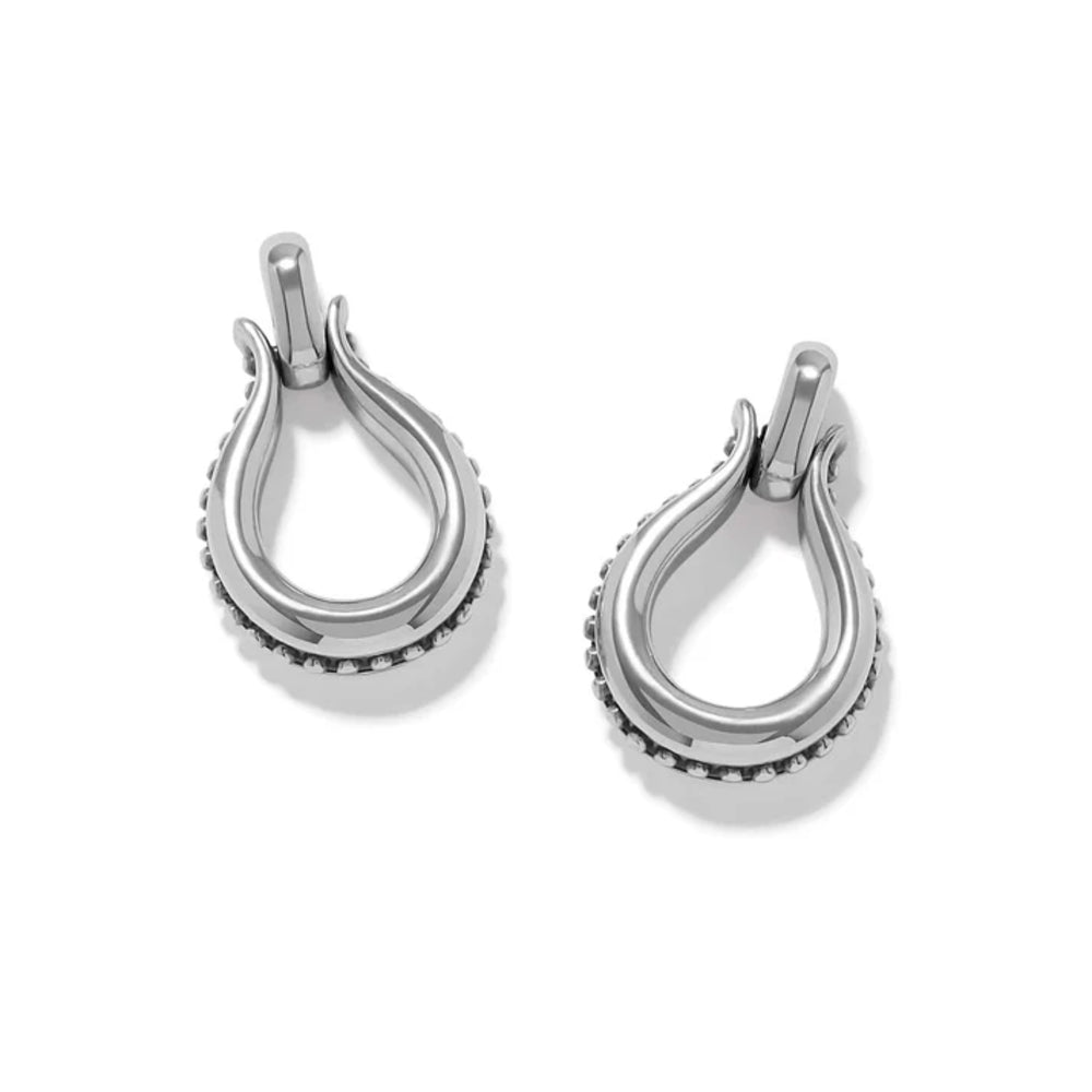 Pair of silver post drop earrings on a white background