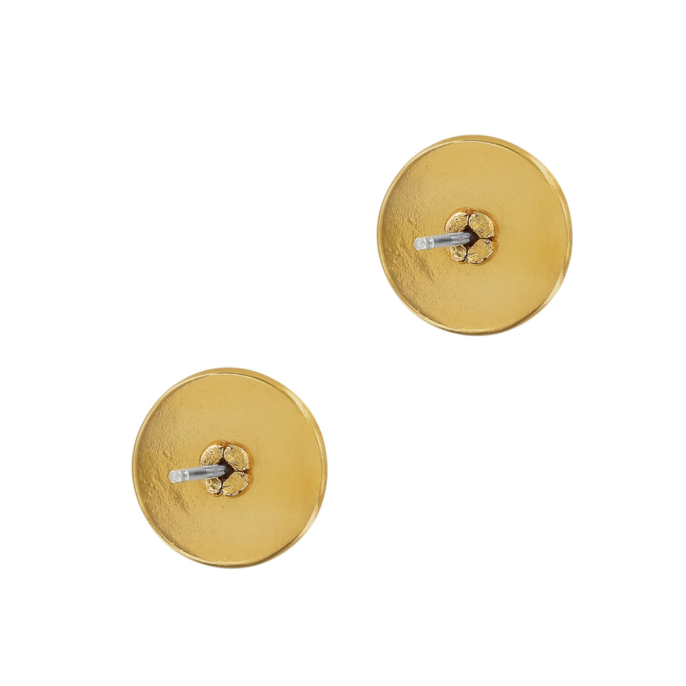 Gold round earrings with floral design on a white background