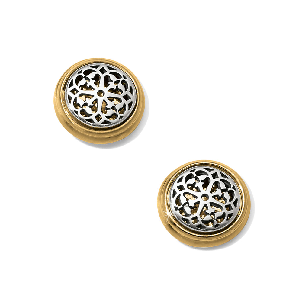 Pair of gold and silver earrings on a white background