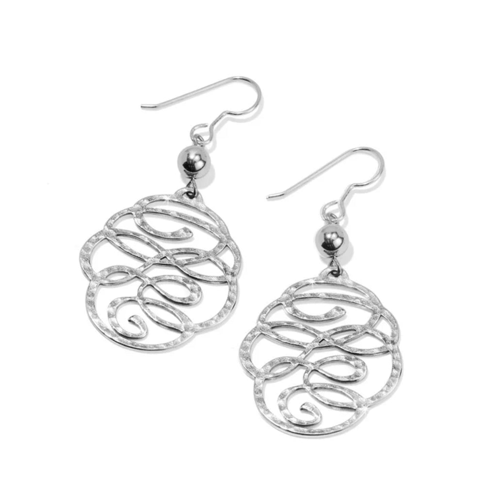 Pair of silver earrings with intricate designs on a white background