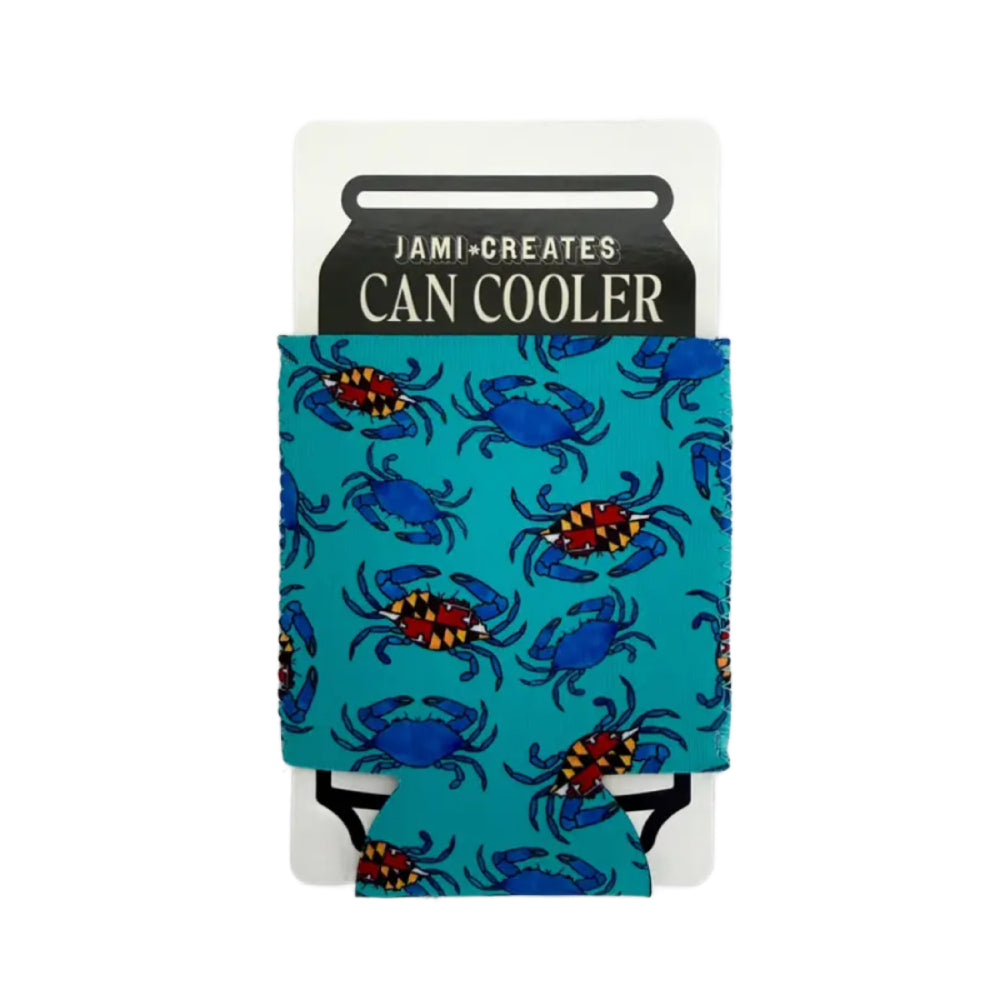 Can cooler with blue crab pattern on a white background