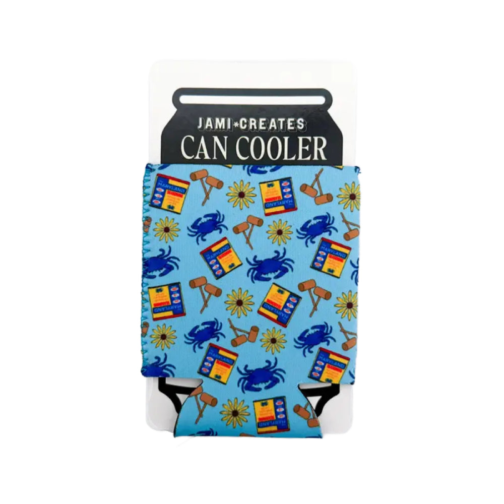 Can cooler with blue pattern on a white background
