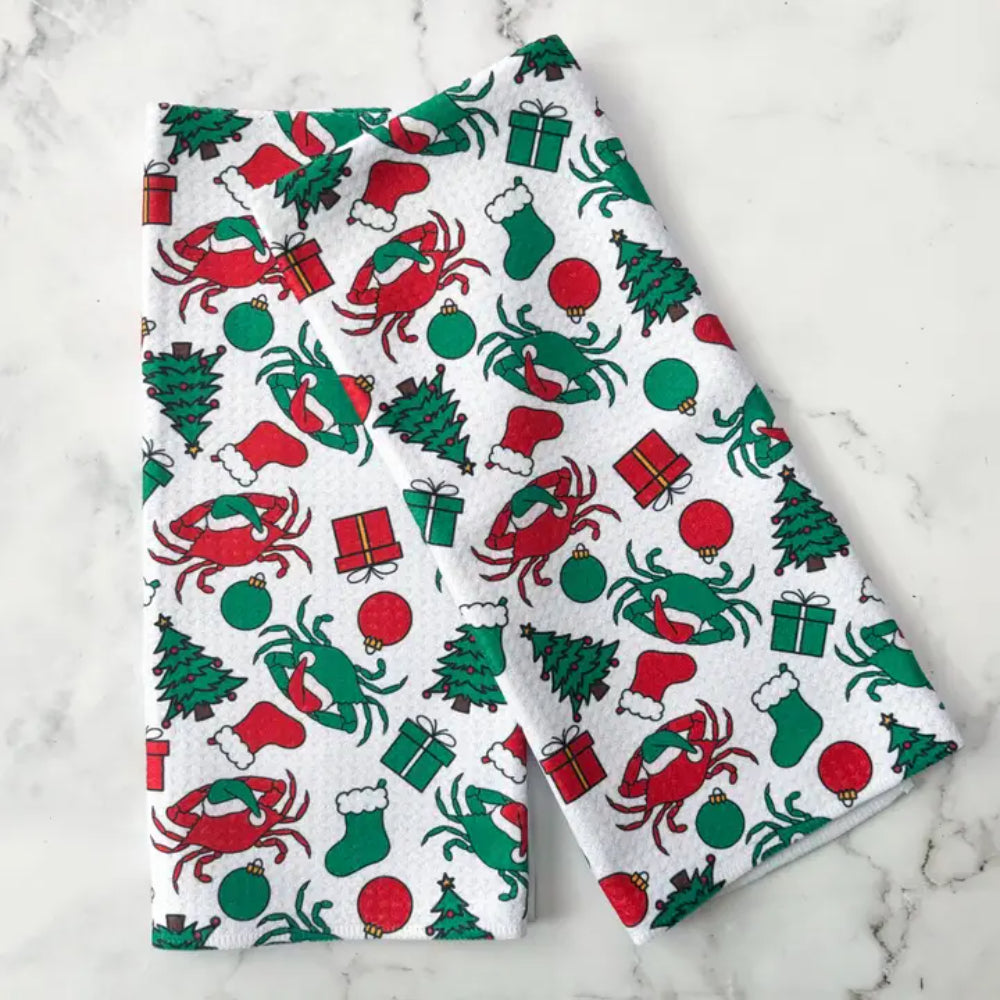 Jami Creates Maryland Christmas Crab Patterned Waffle Kitchen Dish Towel