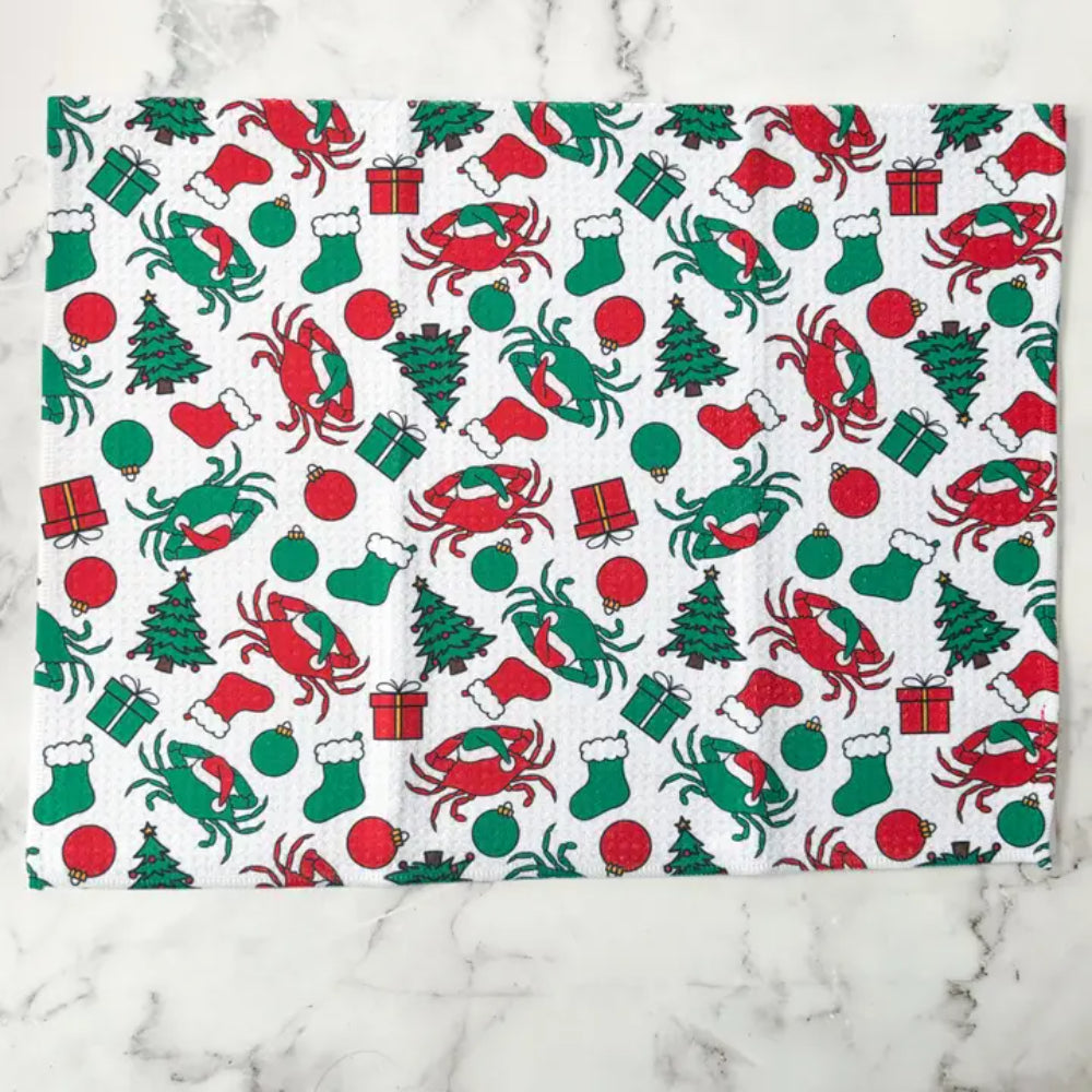 Jami Creates Maryland Christmas Crab Patterned Waffle Kitchen Dish Towel