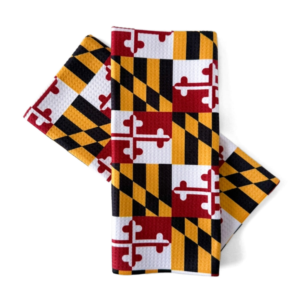 Set of towels with Maryland flag pattern on a white background