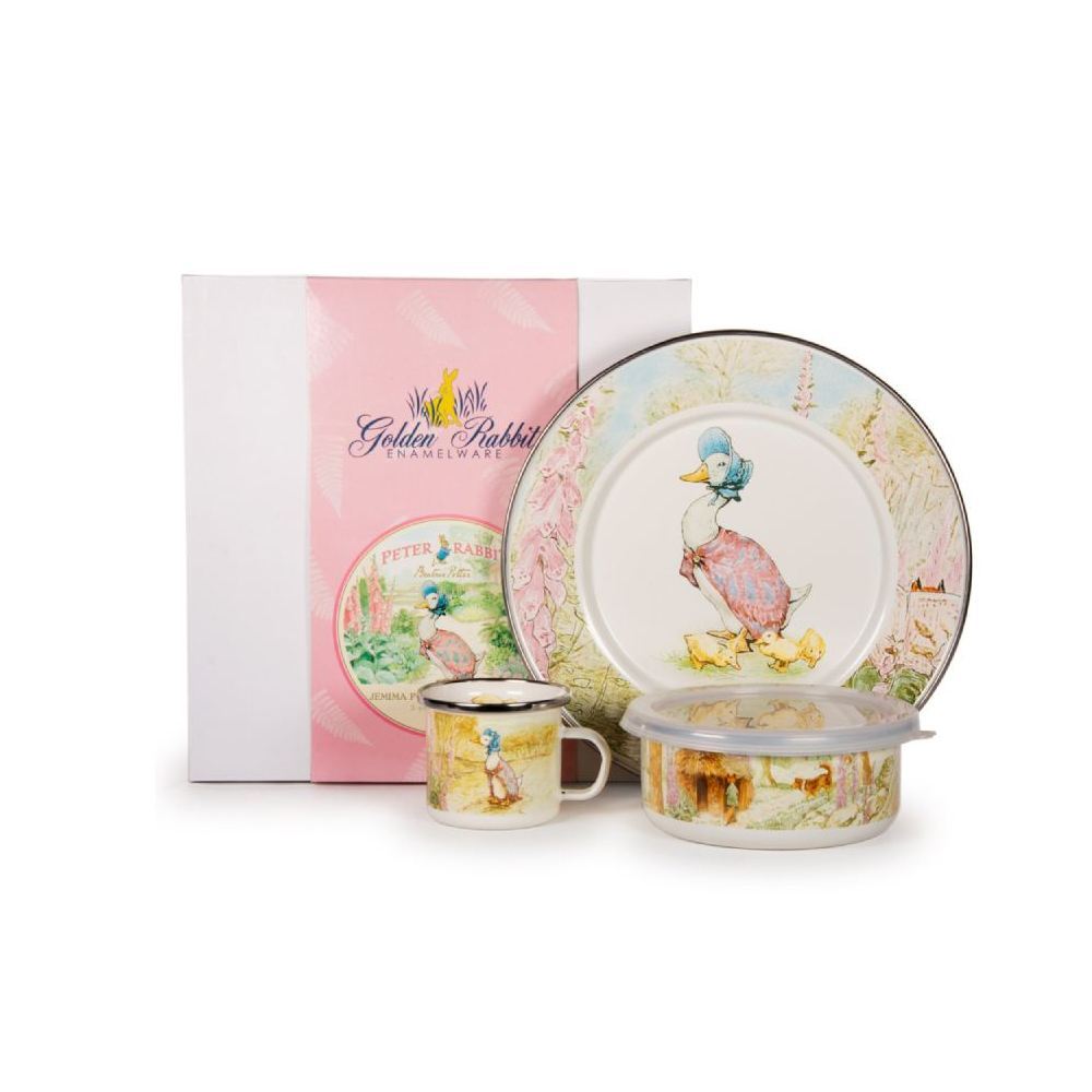 Children's Jemima Puddle-duck enamledware set with packaging on a white backround 