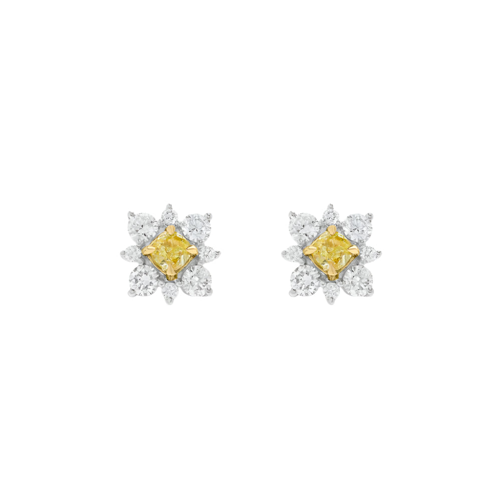 18k Gold Yellow and White Diamond Stud Earrings