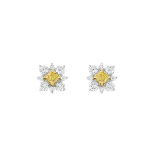 18k Gold Yellow and White Diamond Stud Earrings