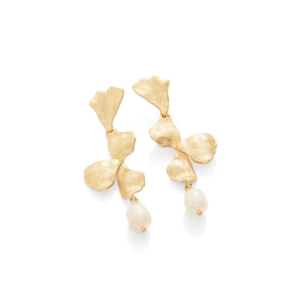 Spartina Gold Ginko Leaf Dangle Earrings - Pearl