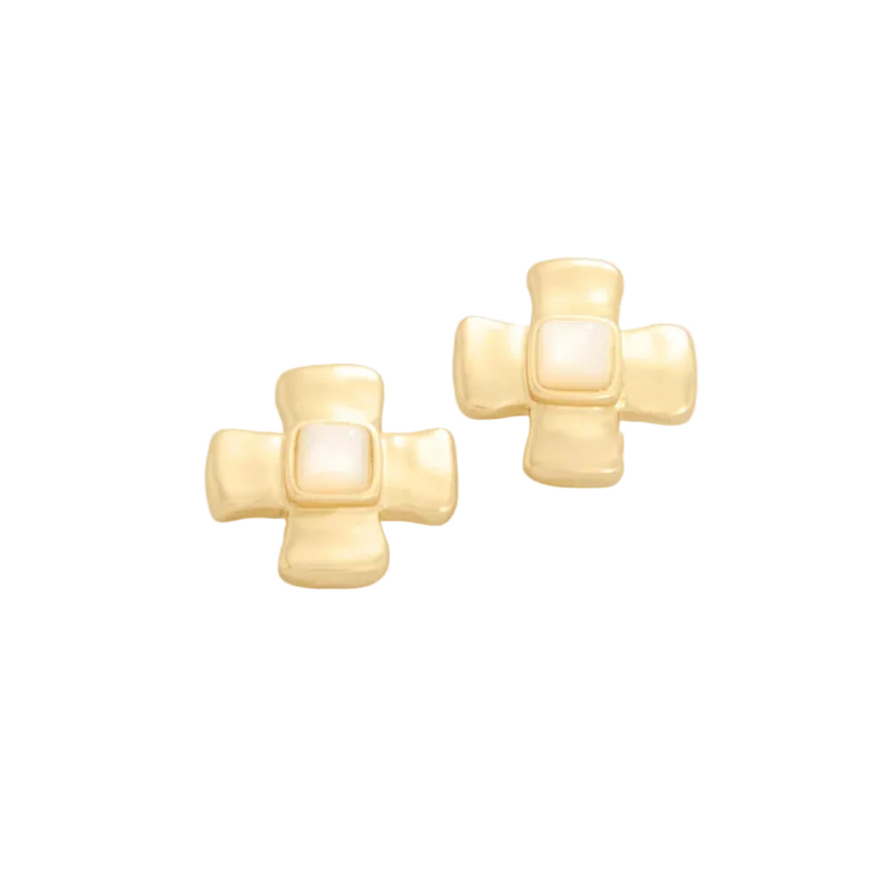A pair of gold cross-shaped stud earrings with a central square white inlay, displayed on a white background.