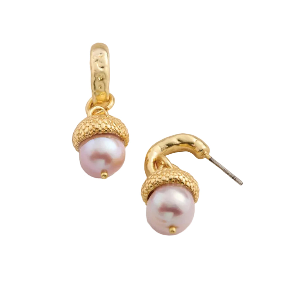 A pair of gold acorn drop earrings with lustrous pink freshwater pearls, shown on a white background.