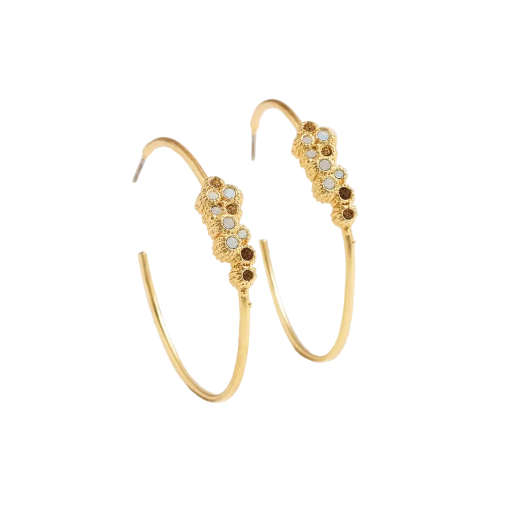 Gold hoop earrings with a cluster of small clear and dark brown gemstones on the front, photographed on a clean off-white background.