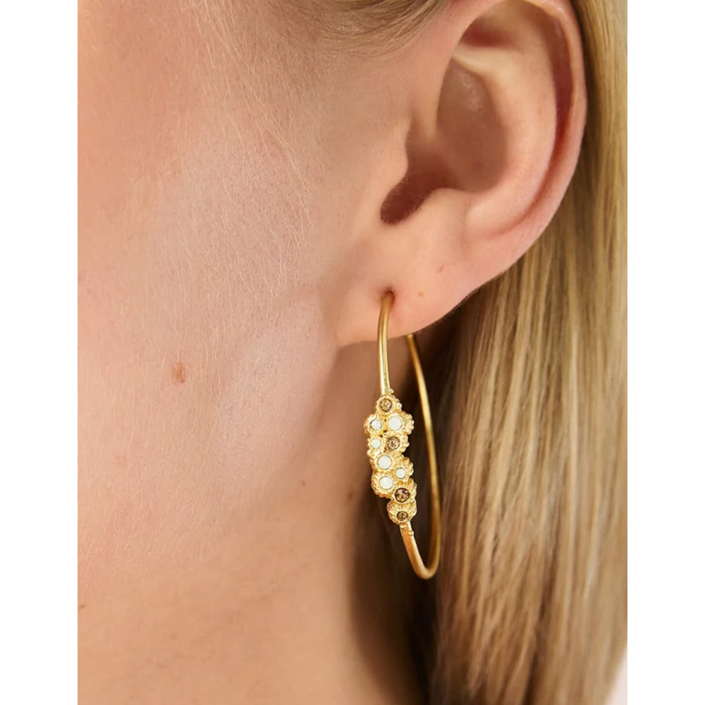 A close-up of a model's ear wearing a gold hoop earring with a dangling cluster of small clear stones.