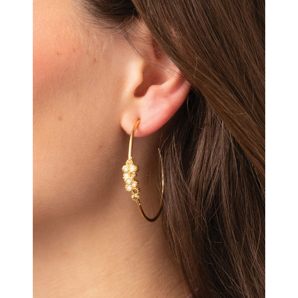 A close-up of a model's ear wearing a gold hoop earring adorned with a cluster of small white pearls on one side.