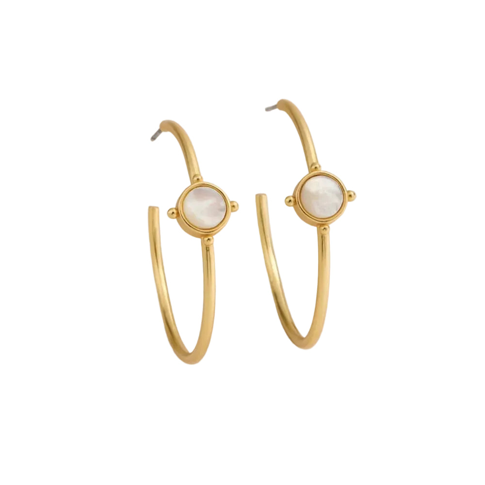 Gold tone hoop earrings with mother of pearl detail on a white background.